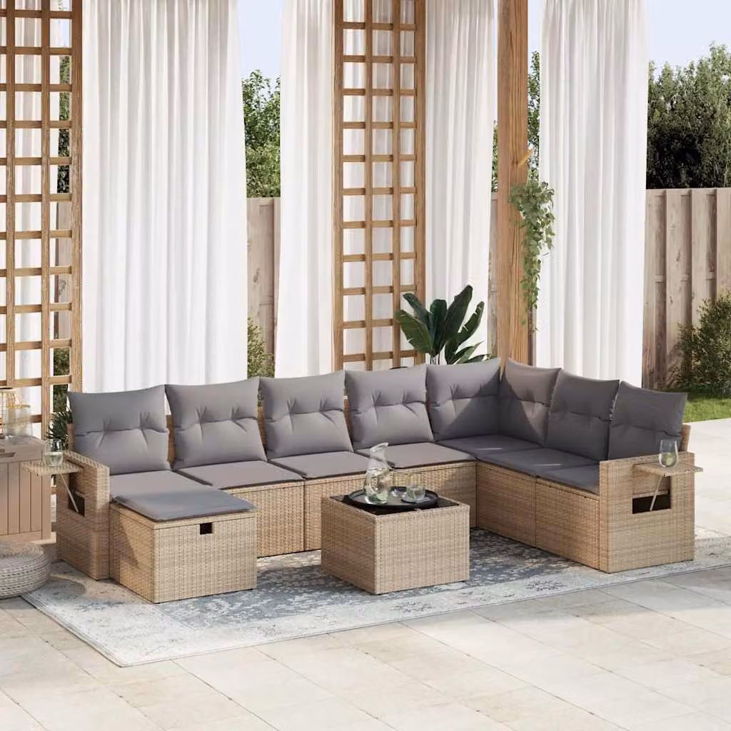 Set Divano da Giardino vidaXL 9 pz in Polyrattan Beige con Cuscini e Tavolino da Esterno a Forma di L