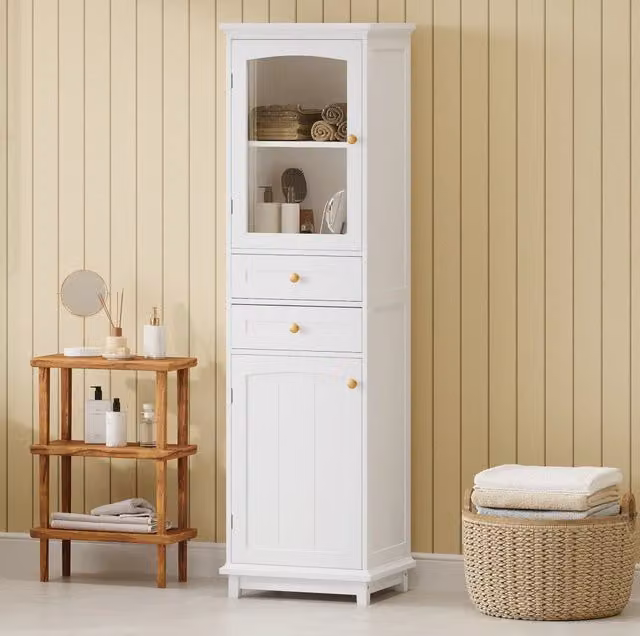 Colonna bagno MODFU in MDF bianco con ante in vetro e maniglie oro L/P/H: 45 x 36 x 160 cm