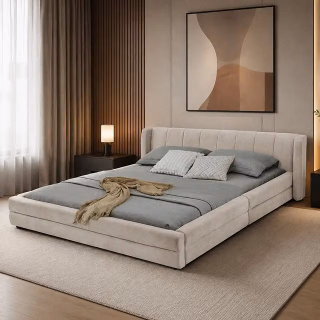 Letto matrimoniale imbottito 160x200 cm in ciniglia beige con testiera