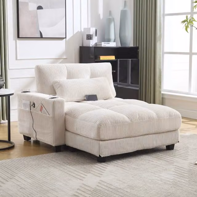 Poltrona relax con poggiatesta regolabile, USB, portabevande e tasca in velluto a coste beige 140 × 112 × 81 cm