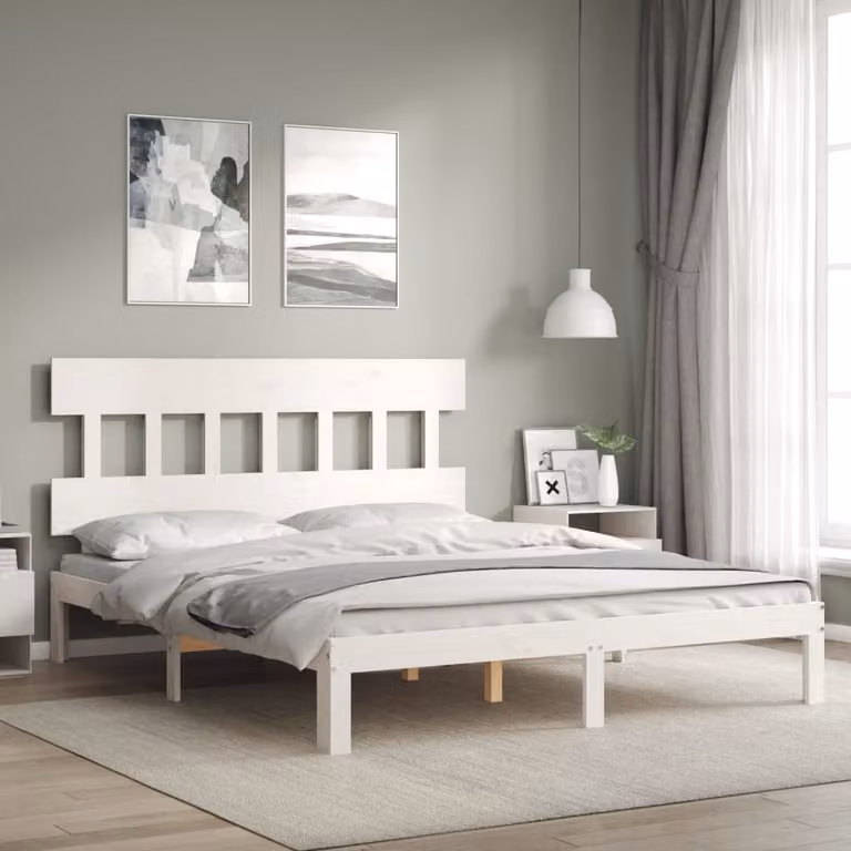 The Living Store Letto in legno massiccio con testiera bianco 160x200 cm