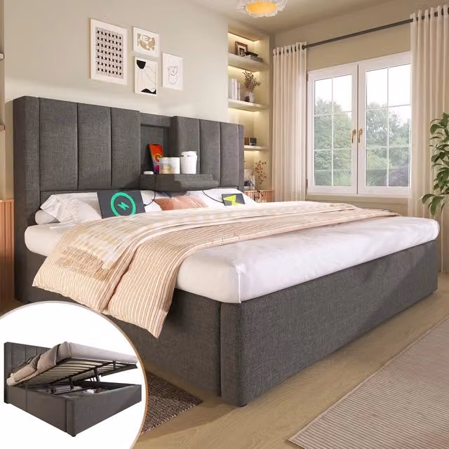 Letto Contenitore Imbottito 160x200 ¨C MINIMAL ¨C Grigio, Idraulico, con Rete a Doghe