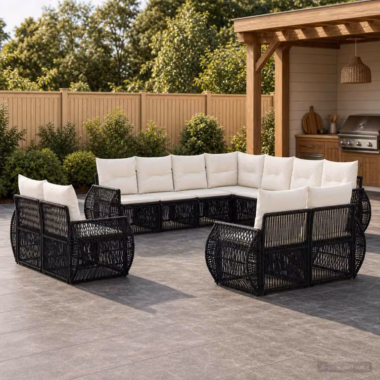 Set Divano da Giardino vidaXL 11 pz a Forma a L con Cuscini, Colore Nero e Bianco Crema, Struttura in Metallo e Polyrattan