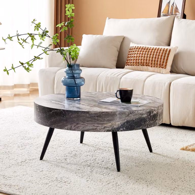 Tavolino rotondo, diametro 70 cm, aspetto marmo, struttura in MDF, gambe in metallo, design minimalista (nero, grigio)