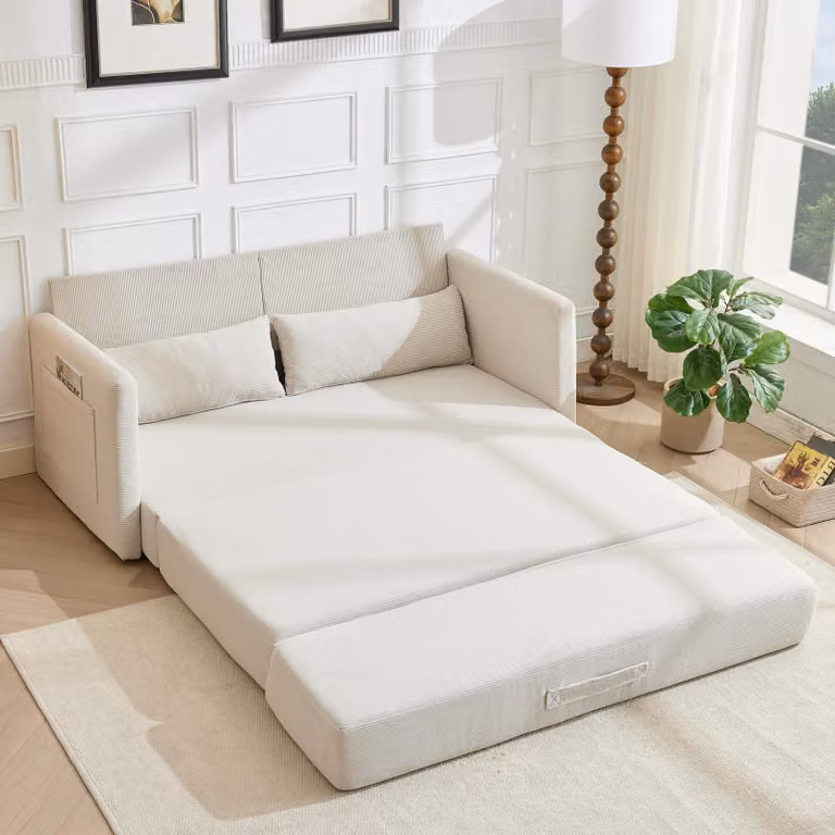 LVHOM Divano letto estraibile a 2 posti in velluto a coste, divano letto con funzione letto e tasche laterali, divano letto per ospiti incl. 2 cuscini, 165 x 92 x 82 cm, beige