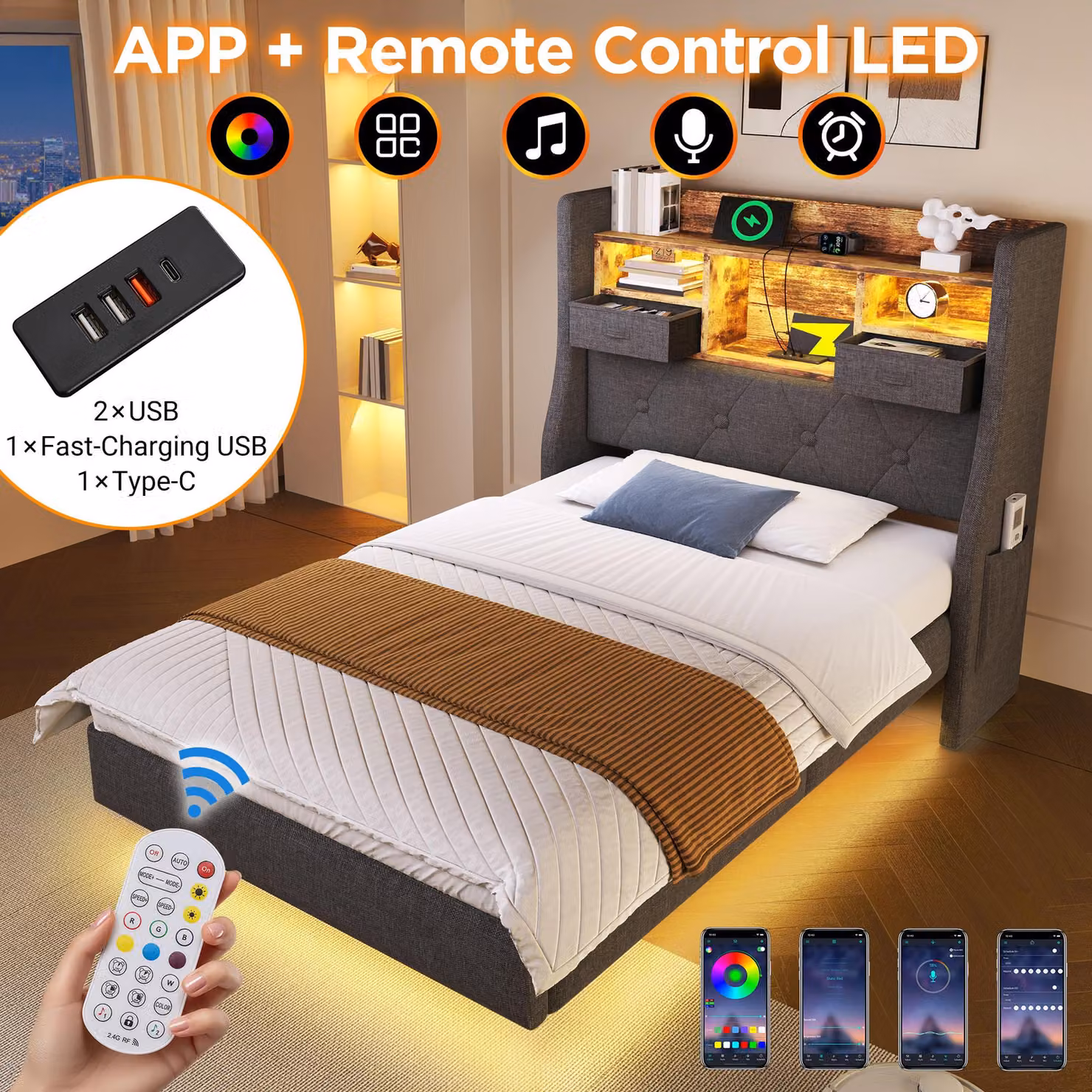 Letto imbottito 90x200 cm con illuminazione LED, testiera contenitore, 1 porta USB-C e 3 porte USB, letto singolo, design sospeso, grigio, senza materasso