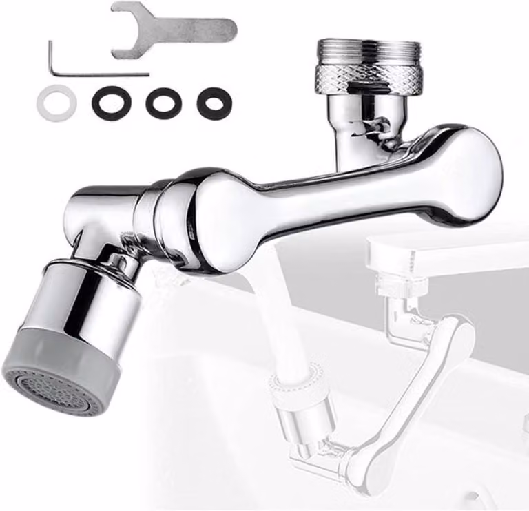 Rubinetto girevole con aeratore a getto e funzione di risparmio idrico, ideale per cucina e bagno, con rotazione di 1080 gradi e filtro spray universale