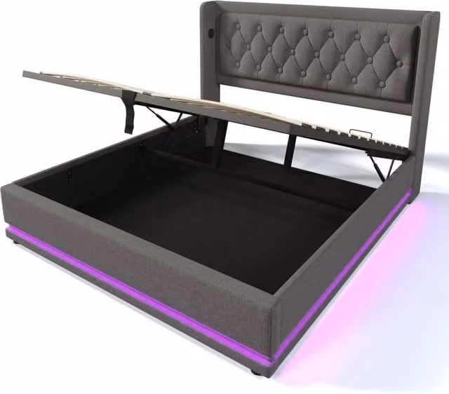Letto matrimoniale imbottito 140x200 cm grigio con contenitore idraulico, testiera imbottita con funzione ricarica USB Tipo-C e illuminazione LED su tre lati (con materasso)