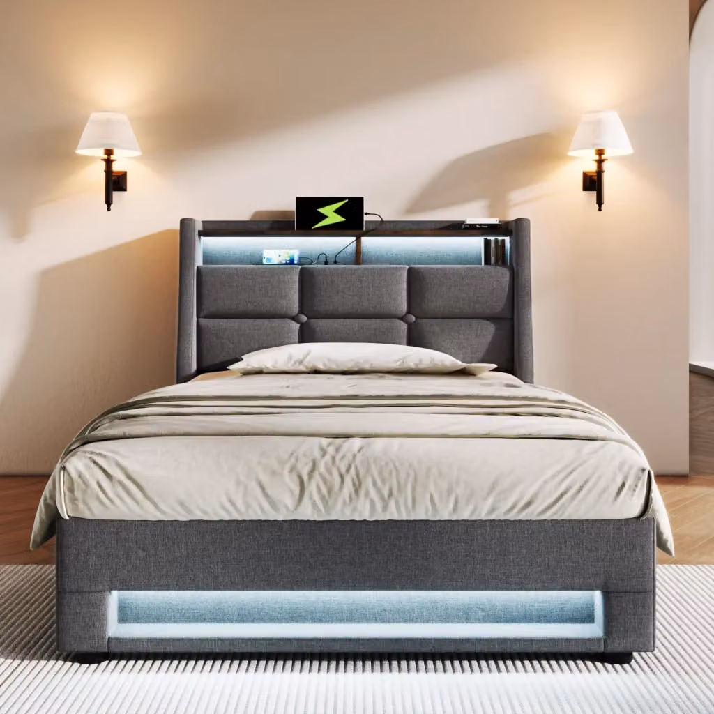 Letto singolo OKWISH con contenitore a sollevamento, porta USB, illuminazione LED e mensola integrata, rivestimento in tessuto grigio, L/P/H: 90 x 200 x 41 cm – 2