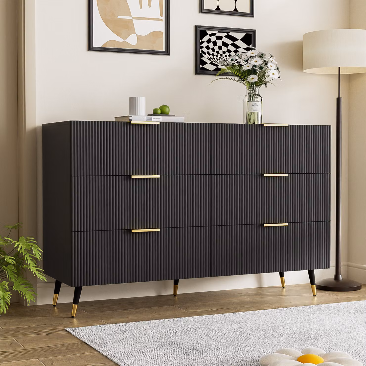 MODFU credenza a cassettiera con 6 cassetti, armadio a buffet dal design moderno per soggiorno, camera da letto, camera dei bambini, camera dei ragazzi e ufficio, nero