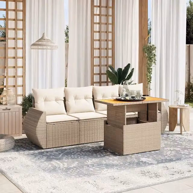 Set Divano da Giardino Moderno VIDAXL in Polyrattan con 5 Cuscini Beige