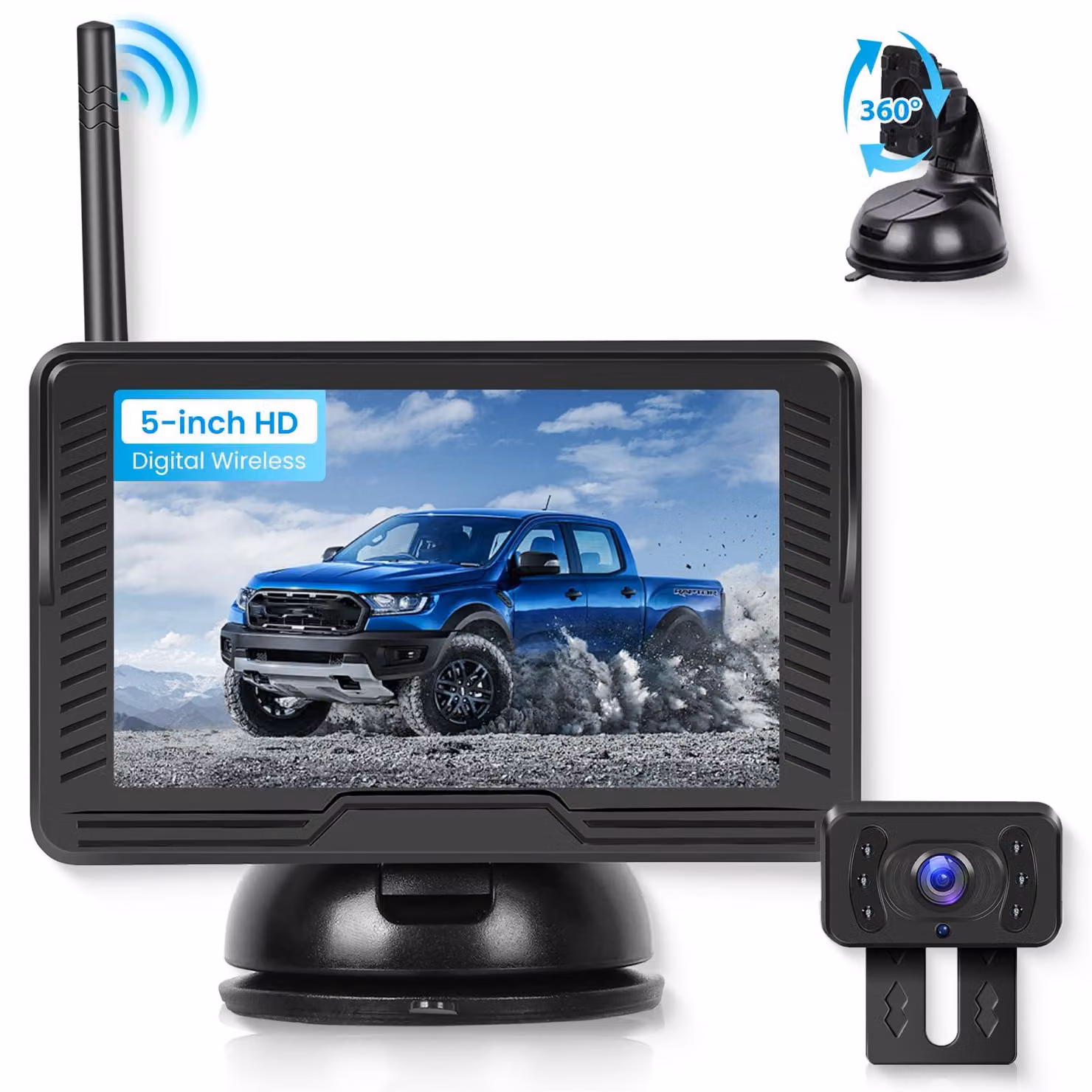 Telecamera di retromarcia wireless con schermo HD IPS da 5 pollici e telecamera impermeabile IP69 con visione notturna