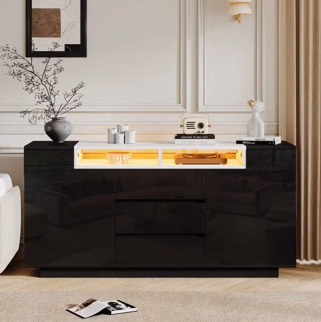 Credenza soggiorno 140x40x68 cm con 2 porte; 3 cassetti; LED; nero