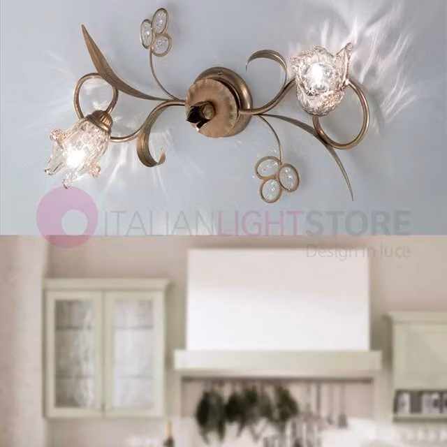 SOFIA Lampada a Parete e Plafoniera con 2 Luci in Stile Classico Rustico, Colore Oro e Vetro Trasparente