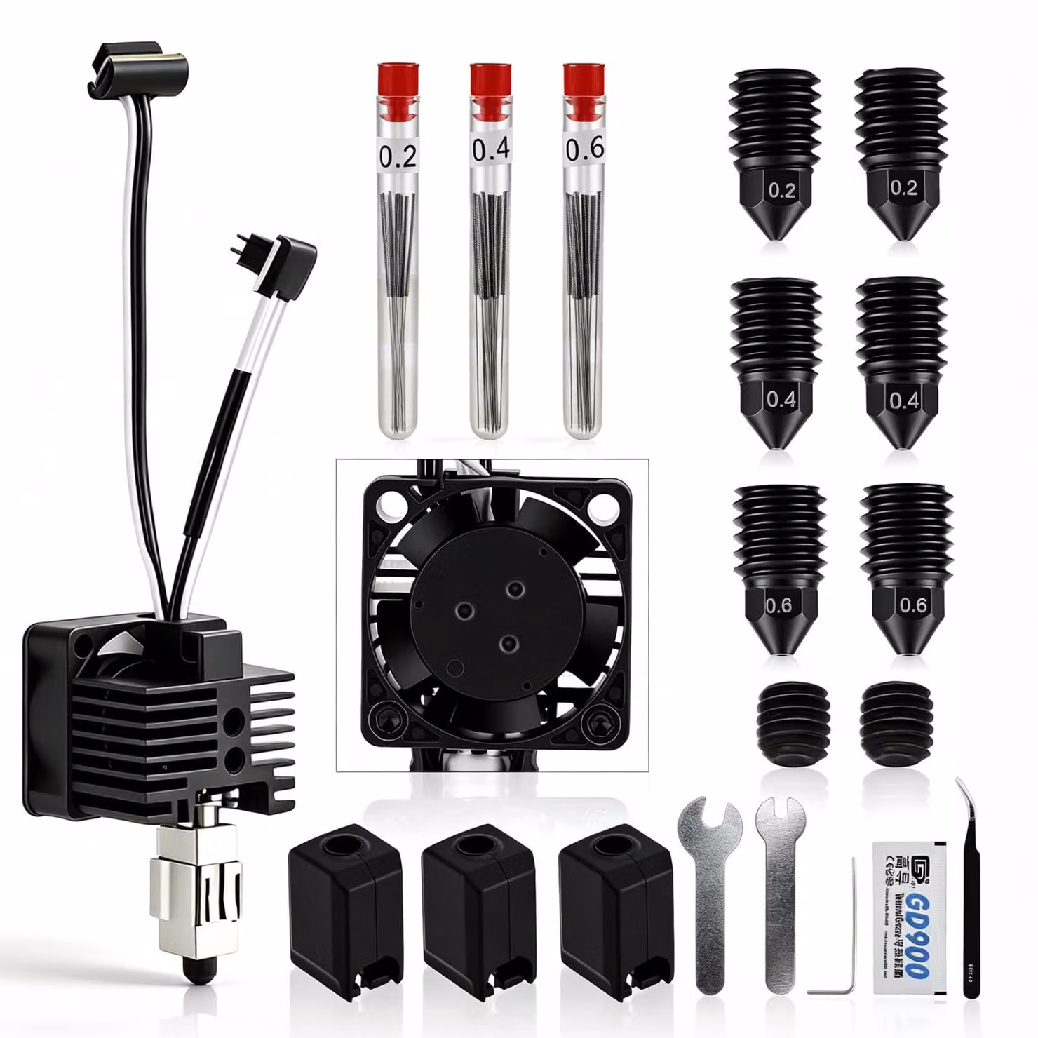 Kit completo per hotend, composto da 40 elementi, compatibile con le stampanti 3D della serie P1. Include 3 ugelli in acciaio temprato da 0,2/0,4/0,6 mm e un hotend completamente assemblato con sistema di fissaggio rapido