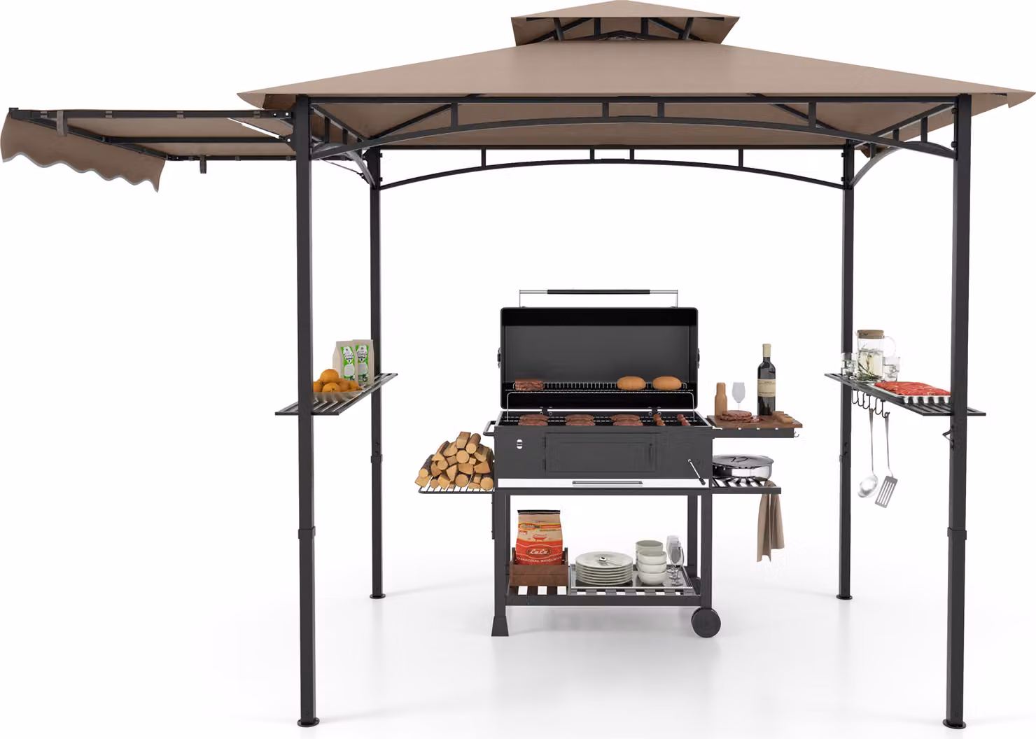 COSTWAY gazebo per barbecue con tenda laterale, doppio tetto, 2 ripiani laterali e ganci, gazebo per barbecue da giardino resistente alle intemperie 318x153x250cm Marrone