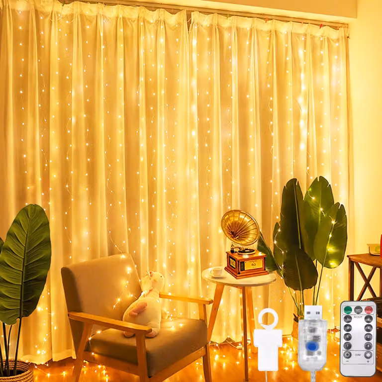 Tenda luminosa a LED, dimensioni 2x2 metri, luce bianco caldo, 200 LED, alimentazione USB, 8 modalità