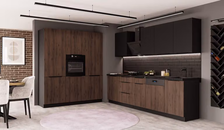 Cucina MONZA + SIENA 280 + 180 cm Cucina a vista Cucina componibile Cucina componibile Noce Okapi opaco + Nero opaco