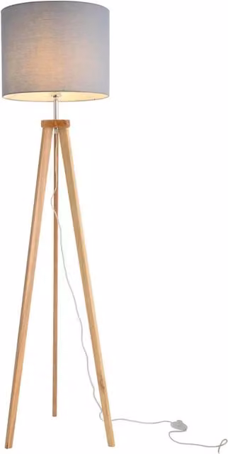 Lampada da terra LÚZETE con paralume in tessuto grigio e base in legno, attacco E27, Altezza: 165 cm