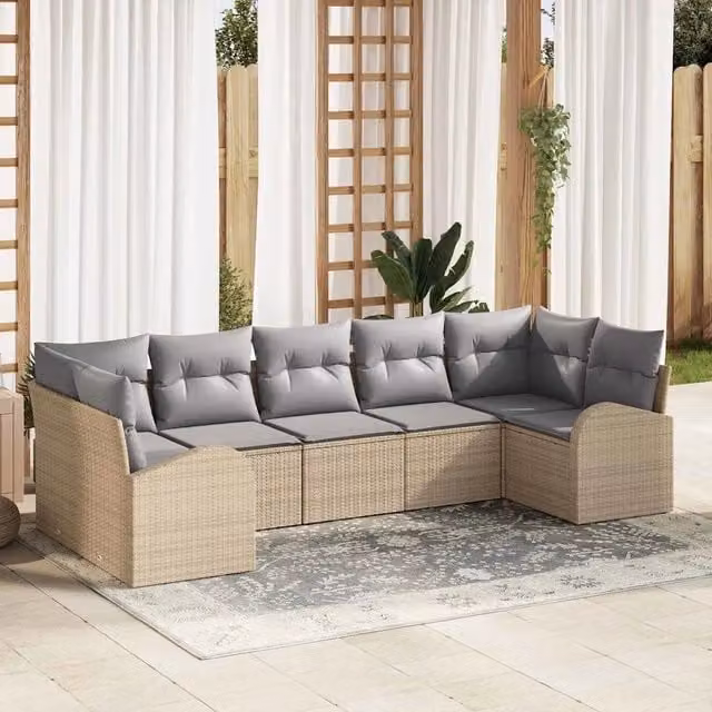 vidaXL Set Divano da Giardino 7 pz in Polyrattan con Cuscini Beige e Grigio – 1