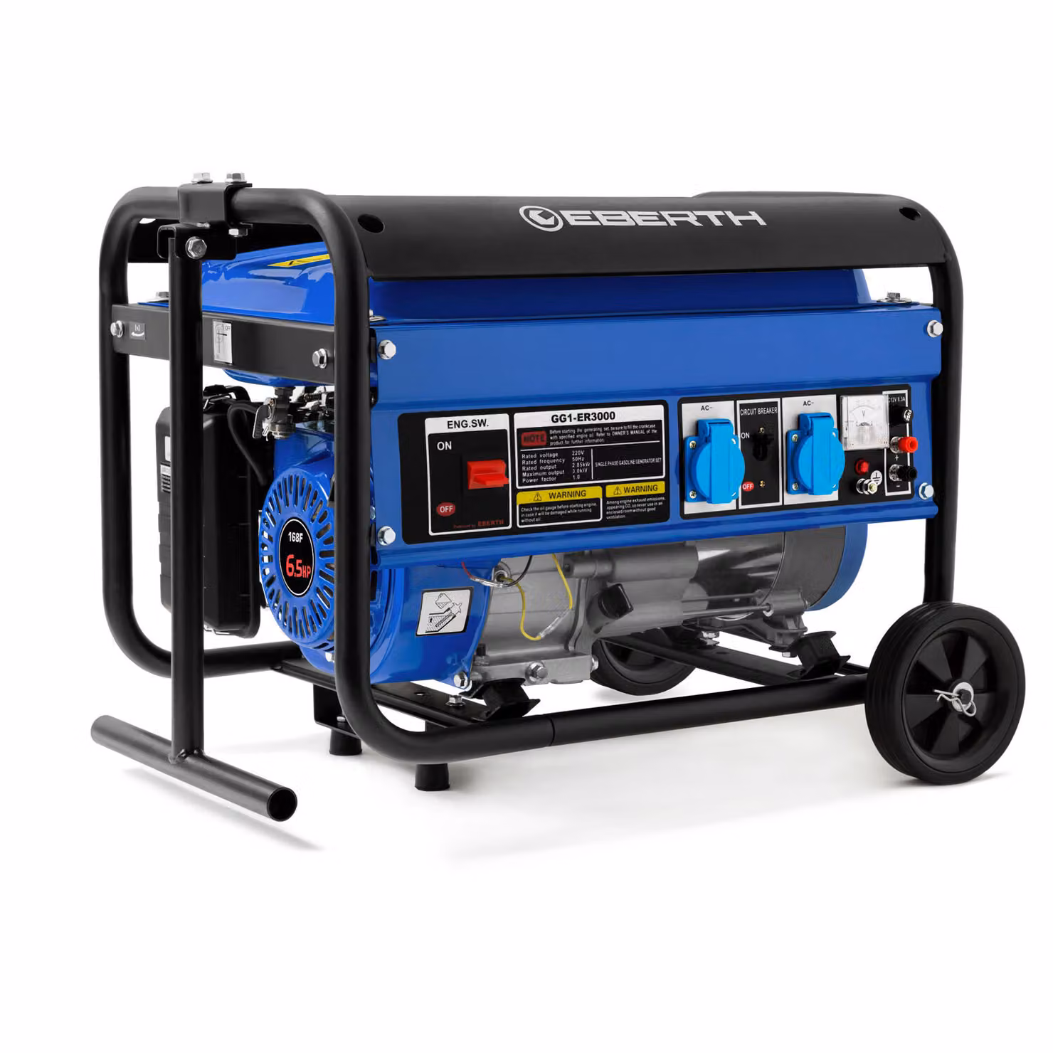 Generatore di emergenza EBERTH 3000 watt Generatore di corrente con telaio, motore a benzina da 6,5 CV, 4 tempi, monofase, 2X 230V, 1x 12V
