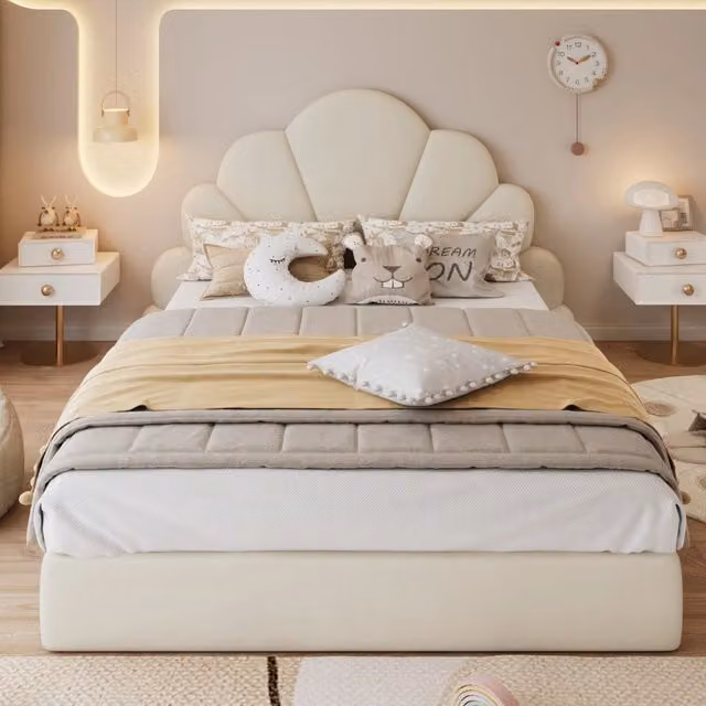 Letto matrimoniale imbottito ULEVR 140x200 cm in velluto beige con testiera a petali e rete a doghe