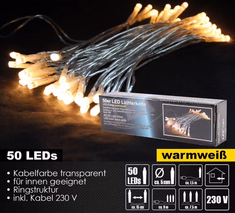 LEX 50 luci fiabesche a LED per interni, trasparenti, 7,5 m