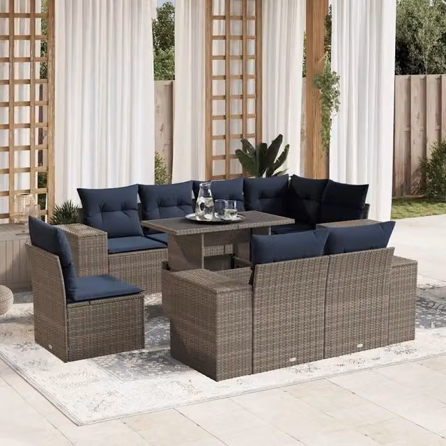 Set Divani da Giardino 9 pz con Cuscini Grigio in Polyrattan 3269301
