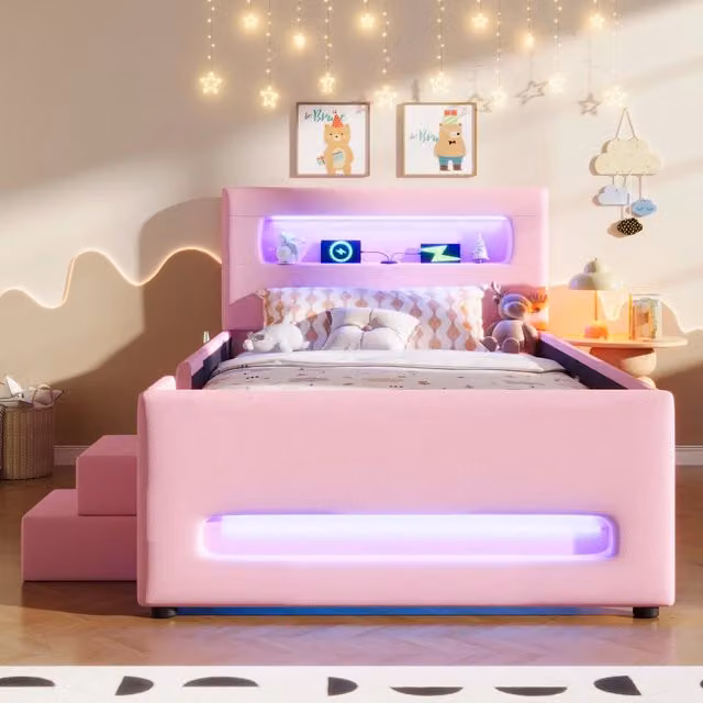 letto a piattaforma imbottito mdf pu rosa 90 x 200 cm