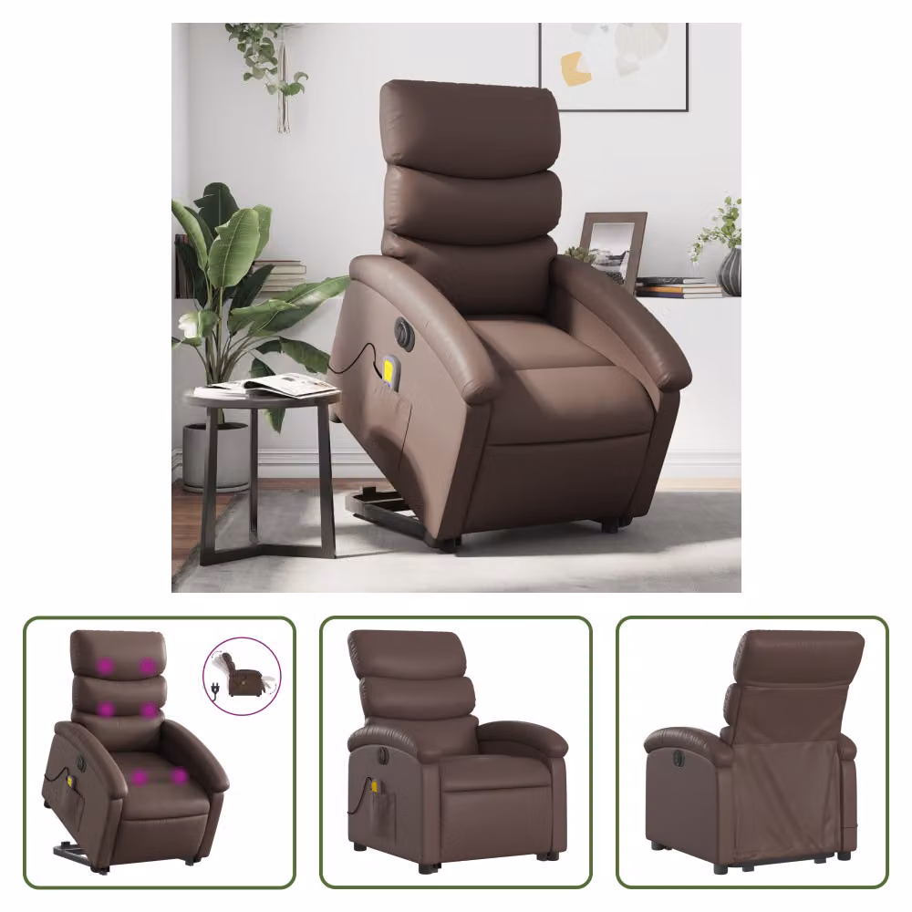 The Living Store Sedia massaggiante con supporto in piedi elettrica in ecopelle marrone