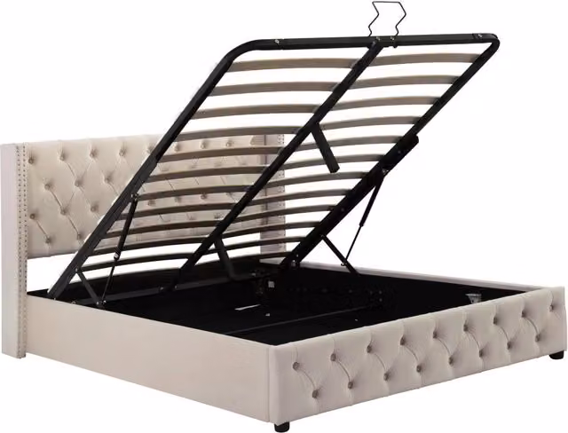 Letto imbottito matrimoniale 140x190 cm con vano contenitore e rivetti in velluto nero e beige
