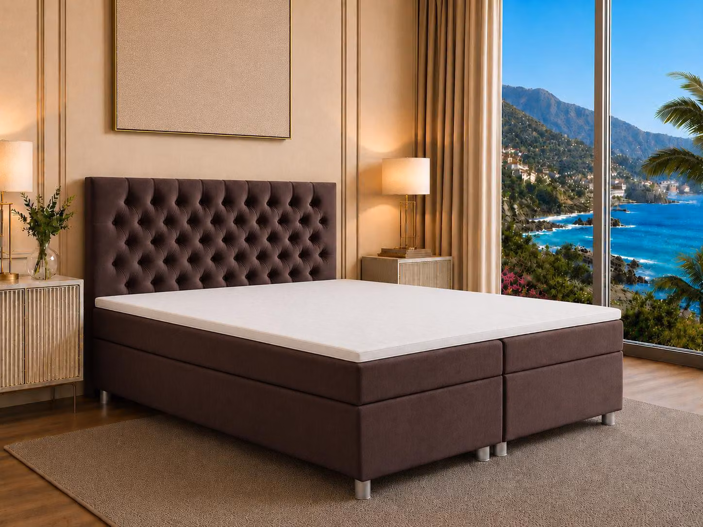 Best for Home Letto boxspring con contenitore Trinity K-14 con molle Bonell, topper incluso - 160x200 - Marrone