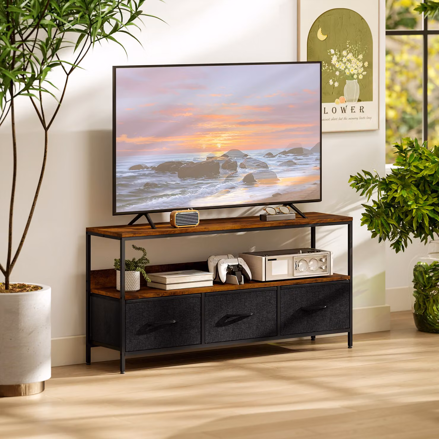 Mobile TV HOMCOM in stile industriale marrone rustico con 3 cassetti e piedini in acciaio, L 120 x P 29 x H 56 cm – 2