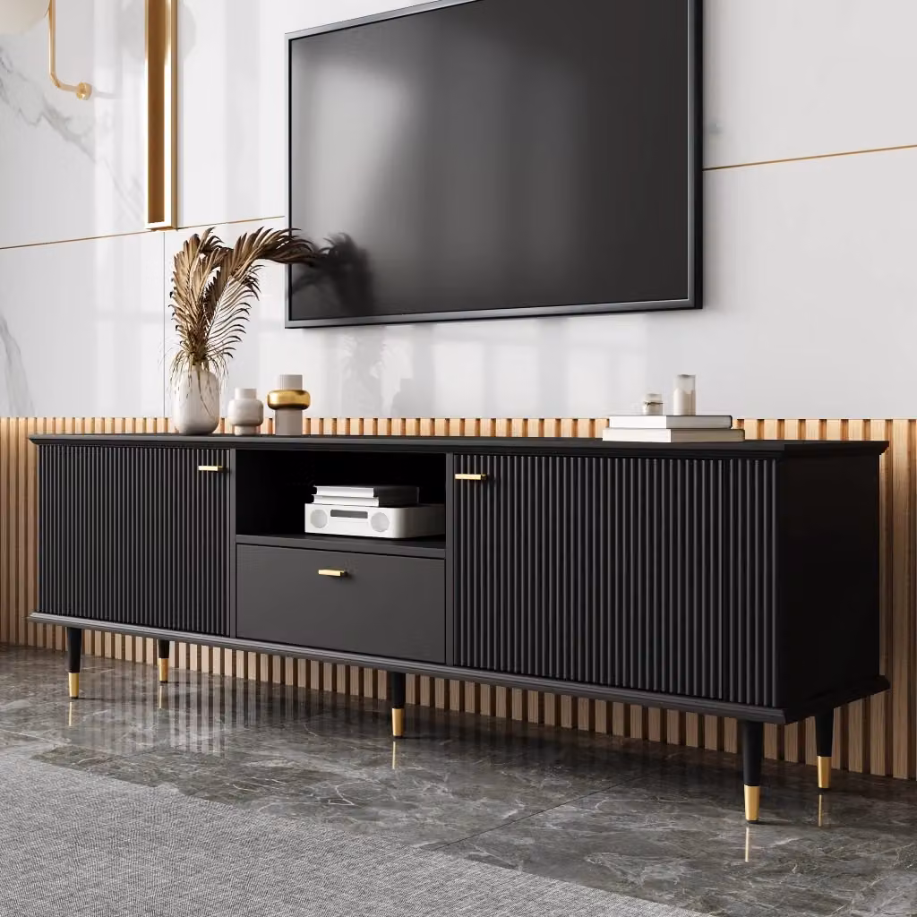 Cassettiera TV moderna KOMHTOM in MDF e metallo nera L: 170 cm, P: 36 cm, H: 54 cm – 2