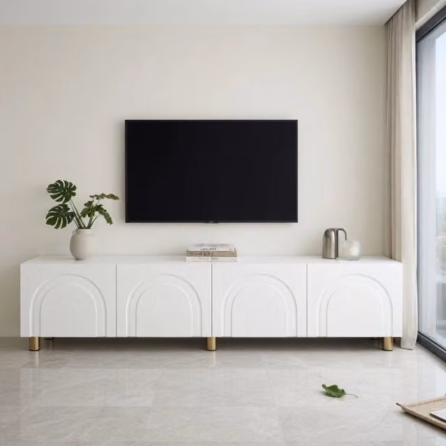 Mobile TV KOMHTOM bianco moderno in MDF e metallo L: 180 cm, P: 40 cm, H: 35 cm – 1
