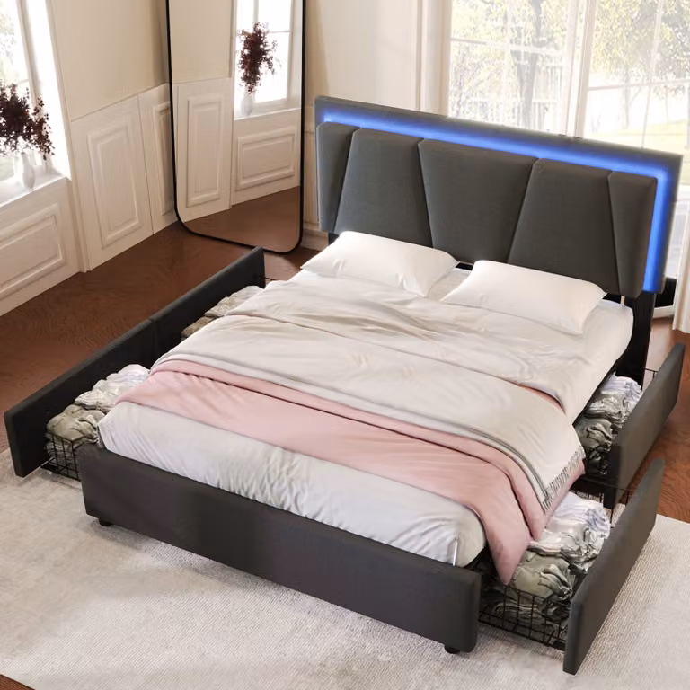 okwish Letto matrimoniale imbottito 140x200 cm con illuminazione a LED e 4 cassetti, poggiatesta regolabile in altezza, struttura letto contenitore, griglia in legno, grigio (senza materasso)