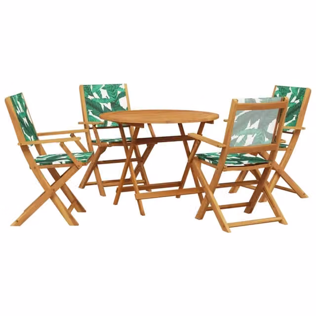 Set Pranzo da Giardino 5 Pezzi in Legno di Acacia e Tessuto con Motivo Floreale Verde e Marrone