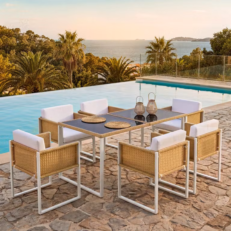 Set da pranzo in polyrattan, mobili da giardino, set da pranzo da giardino per 6 persone con poltrone, rivestimenti in tessuto sfoderabili e lavabili