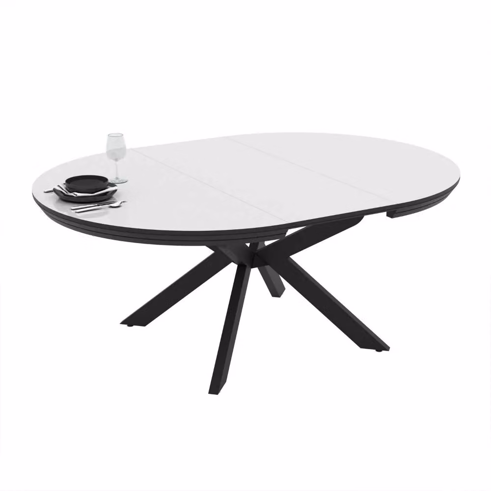 Tavolo da pranzo rotondo allungabile Tezeta con piano bianco lucido e gambe nere in metallo – 2