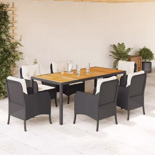 Set da pranzo da giardino vidaXL in polyrattan e legno di acacia con 7 pezzi, nero e bianco