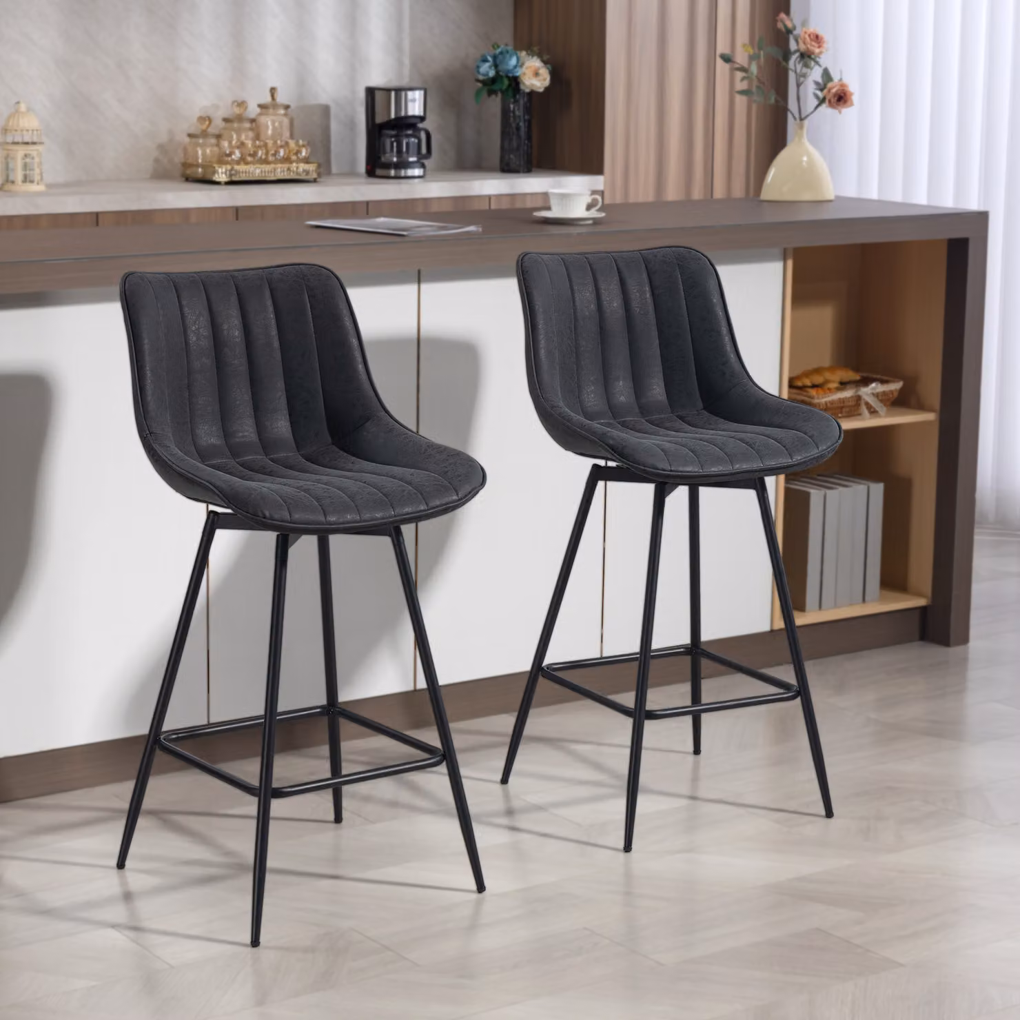Set di 2 sgabelli da bar HOMCOM girevoli con schienale in ecopelle nera per cucina e sala da pranzo – 2