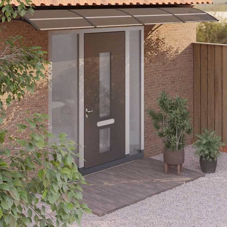 Tettoia per porta vidaXL in policarbonato e alluminio, colore nero, L: 350 cm, P: 75 cm