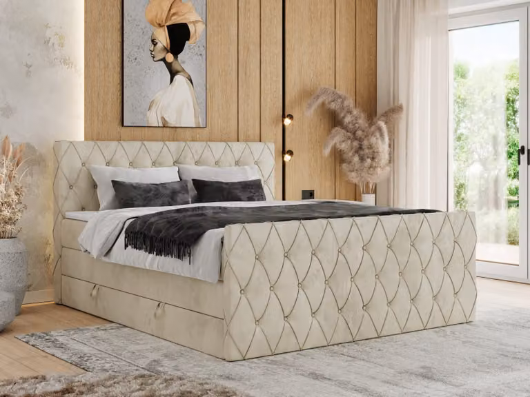 Letto con rete a molle MKS MEBLE, 160 x 200 cm, con contenitore, letto 160 x 200 cm con materasso H4, letto con rete a molle 160 x 200 cm con topper - Miren King Duo - Velluto beige - H4