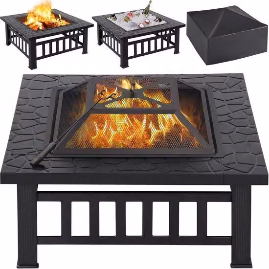 Fornello da terrazza in metallo con copertura e vetro antincendio - 81 x 81 x 36,5 cm - Stufa da esterno per riscaldamento a pavimento