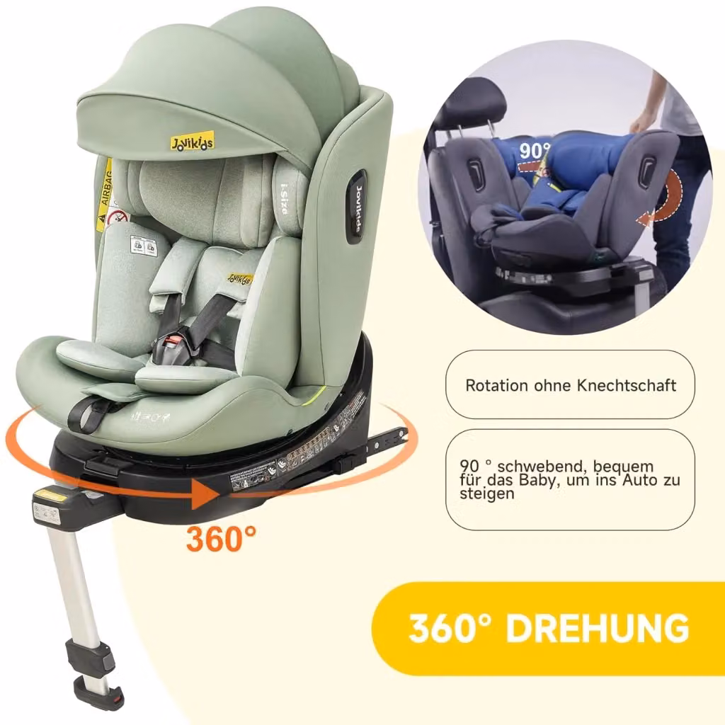 Seggiolino auto FOLYNA girevole a 360° i-Size per altezza da 100 a 150 cm, colore verde, con sistema ISOFIX e gamba di supporto – 2