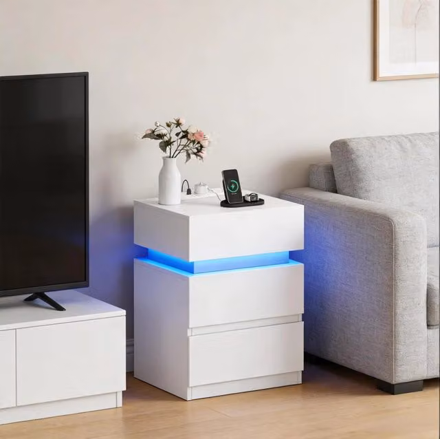 Comodino bianco LED con presa USB e 2 cassetti