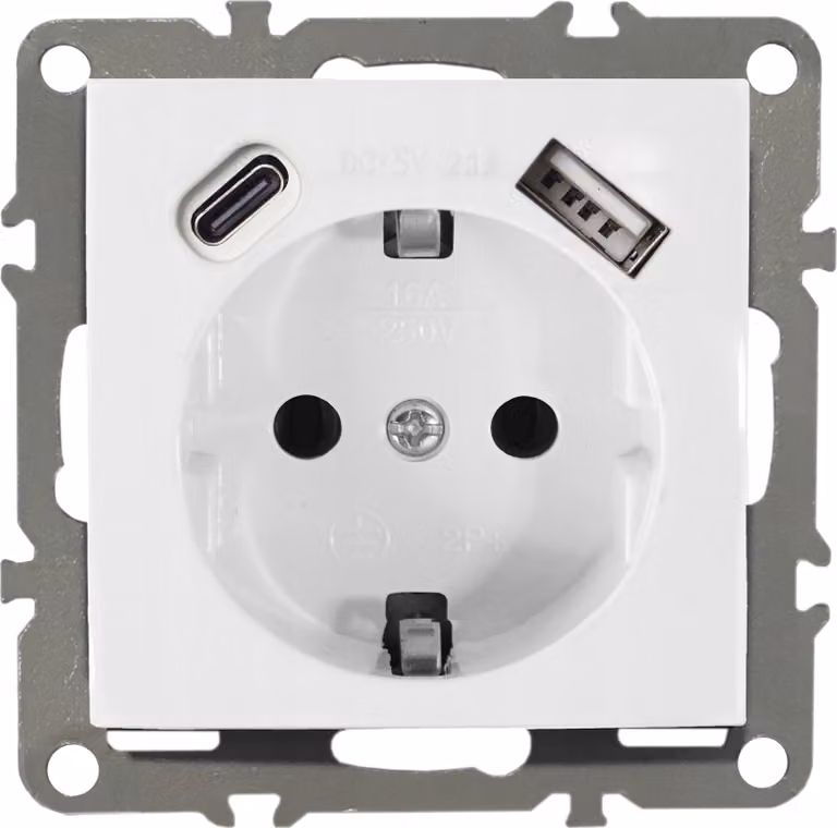 Prese di corrente Schuko 230V con USB-C + USB-A, serie QUADRA, colore bianco