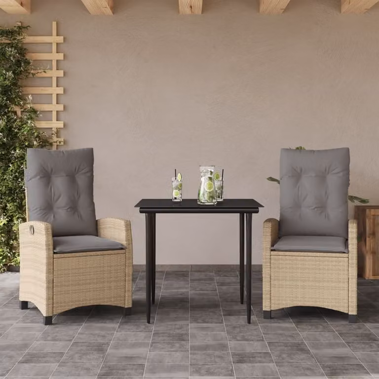 Set Pranzo da Giardino vidaXL in Polyrattan con Cuscini Beige Misto e Tavolo in Vetro per 3 Persone