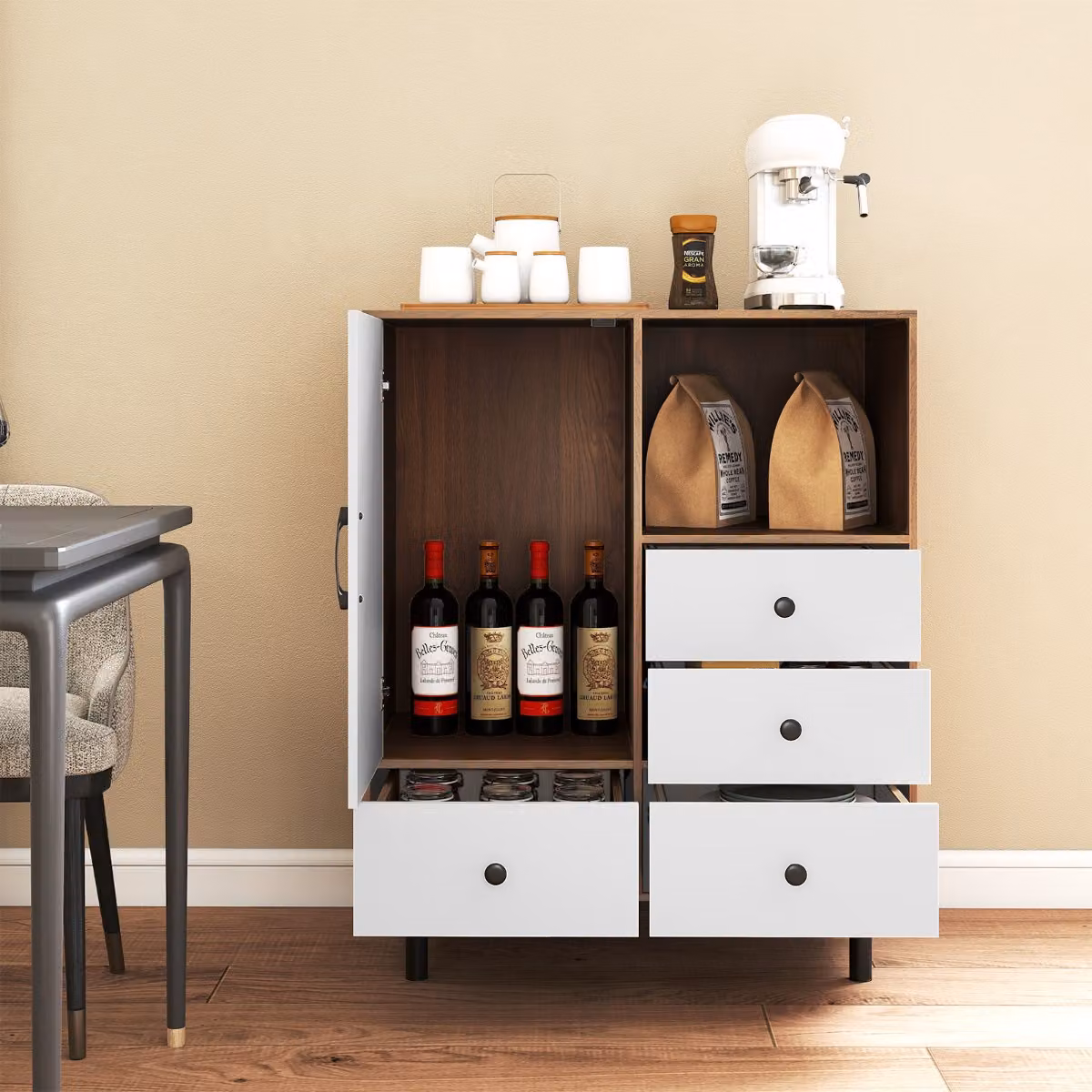 Costway Mobile contenitore moderno mid-century in metallo con 4 cassetti e scomparto aperto per soggiorno, Bianco