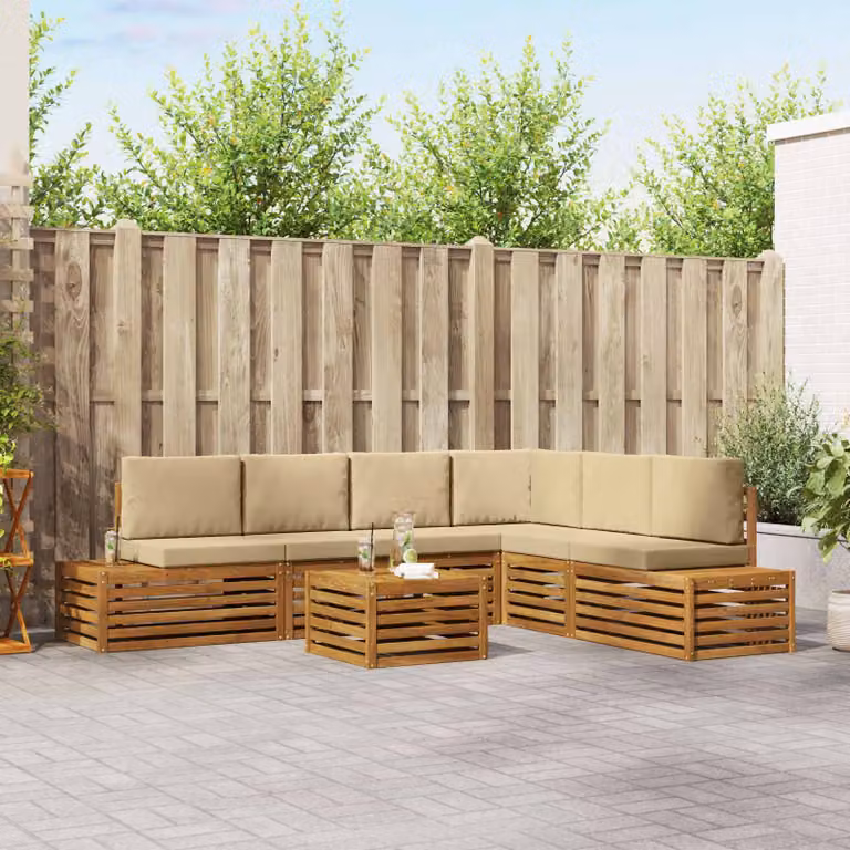 Set di divani da esterno vidaXL a forma di L in legno di acacia con cuscini, colore marrone e beige